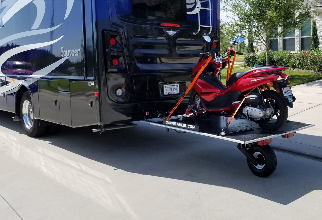 single wheel, swivel wheel, scooter carrier, scooter hauler, motor home, RV