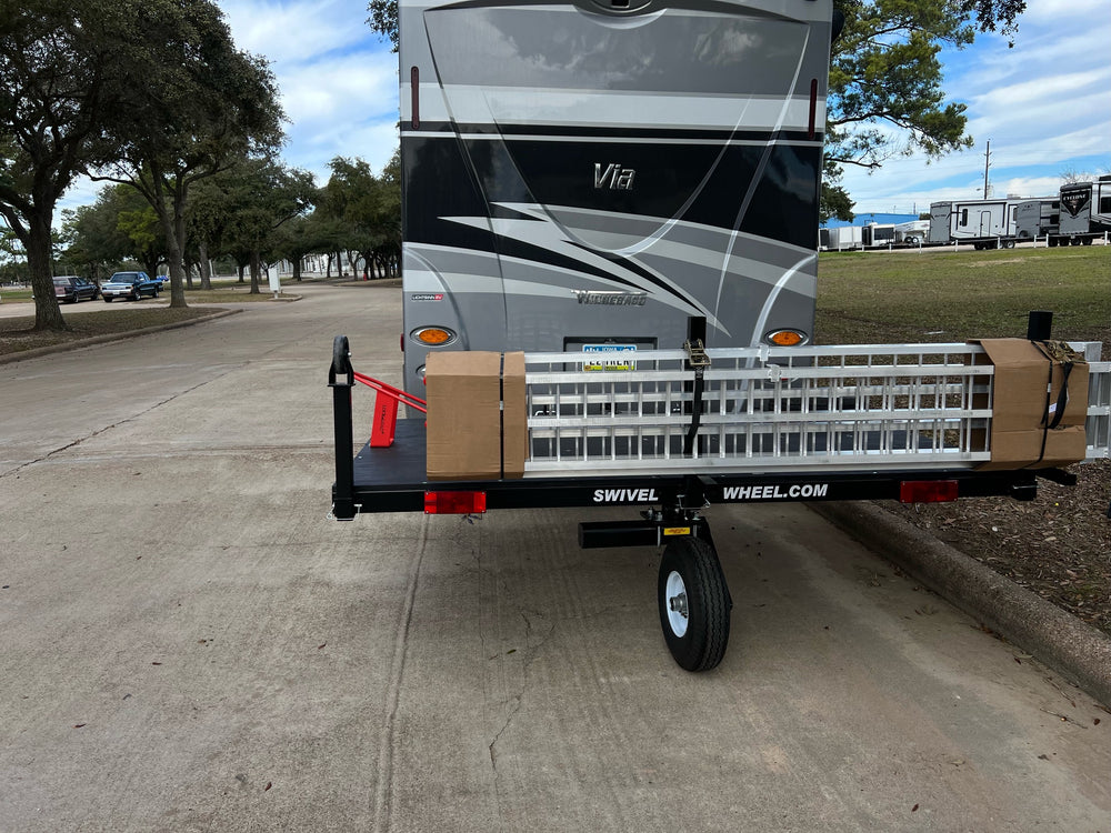 Swivelwheel Transport System,Swivelwheel Carrier, Swivelwheel Hauler, Motorcycle Carrier, scooter carrier, motorcycle hauler, scooter hauler, golf cart hauler, golf cart carrier, mini golf cart hauler, mini golf cart carrier, quickie mini golf cart hauler, quickie mini golf cart carrier, cricket mini golf cart carrier, cricket mini golf cart hauler, dirt bike hauler, dirt bike carrier, carrier, hauler, ATV hauler, ATV carrier, single wheel, sivelwheel 58, motorcycle, motor home, fifth wheel