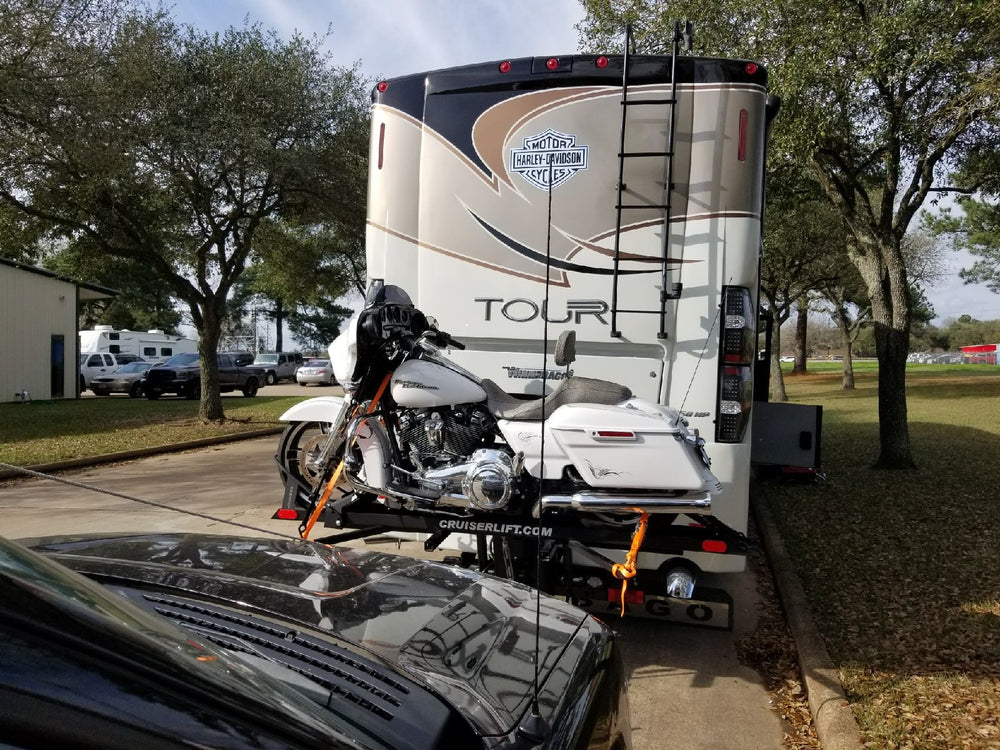 Cruiserlift Motorcycle Lift, Motorcycle Lift, Motorcycle Carrier, Motorcycle Hauler, Motorcycle, Motorhome, RV Motorcycle lift, RV Lift, RV Electric Motorcycle Lift, RV, Electric Motorcycle Lift, Harley, Honda, Victory, Yamaha, Winch Lift, Bikes, Bike Lift