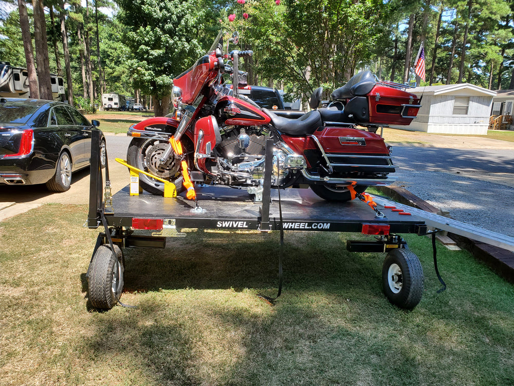 Swivelwheel Transport System, Swivelwheel Carrier, Swivelwheel Hauler, motorcycle carrier, scooter carrier, motorcycle hauler, scooter hauler, quickie mini golf cart hauler, quickie mini golf cart carrier, cricket mini golf cart carrier,cricket mini golf cart hauler,dirt bike hauler, dirt bike carrier, carrier, golf cart hauler, golf cart carrier, ATV hauler, ATV carrier, Swivelwheel DW58, motorcycle, motor home, fifth wheels, can-am carrier, can-am hauler, trike carrier, trike hauler, mobility Hauler 
