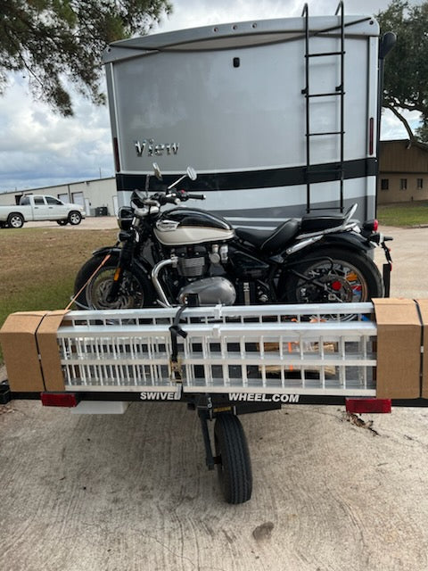 Swivelwheel Transport System,Swivelwheel Carrier, Swivelwheel Hauler, Motorcycle Carrier, scooter carrier, motorcycle hauler, scooter hauler, golf cart hauler, golf cart carrier, mini golf cart hauler, mini golf cart carrier, quickie mini golf cart hauler, quickie mini golf cart carrier, cricket mini golf cart carrier, cricket mini golf cart hauler, dirt bike hauler, dirt bike carrier, carrier, hauler, ATV hauler, ATV carrier, single wheel, sivelwheel 58, motorcycle, motor home, fifth wheels